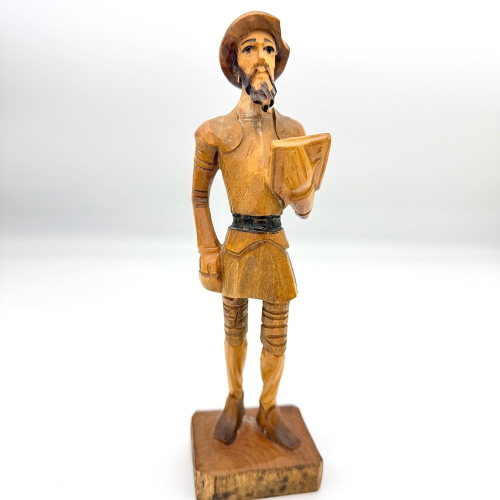 Vintage Hand Carved Wood Don Quixote Figurine Holding Book Spanish Folk Art 8"